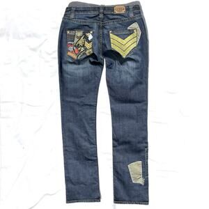 Coogi Embroidered Military Patch Straight Leg Blue Jeans Womens 5/6 Low Rise 5 6
